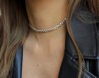 Curb Chain Choker,Silver Link Necklace,Stainless Steel,Silver Necklace, Silver Chain Necklace for Men and Women, Waterproof, Unisex jewelry