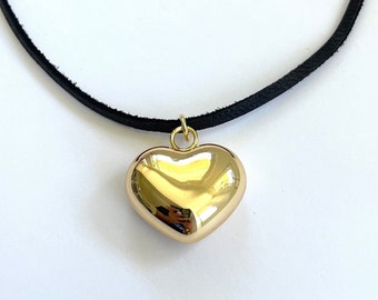 Bubble Heart Choker, Black Choker/ Gold Heart Pendant, Thin Leather Choker,  Heart Pendant Necklace, Y2K, ,90's Chokers, Women's Chokers -  Finland