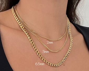 Gold Curb Chain Necklaces, 6.5mm, 3mm, 2mm, Gold Link Choker, Stainless Steel 18K Plated, Gold Chain Necklace for Men and Woman, Gift Unisex