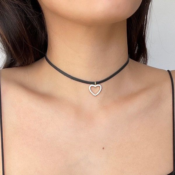 Leather Heart Choker Etsy