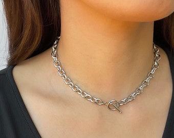 CABLE Chain Necklace Waterproof / Stainless Steel Link Chain /Silver Chokers / Non Tarnish /  Silver Choker With Toggle Closure