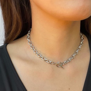 May include: A silver cable chain necklace with a toggle clasp. The chain is thick and has a chunky look.