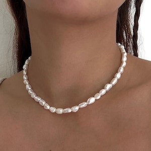 Irregular Oval Pearl Necklace/  7mm x 10mm / Freshwater Pearls / Chunky Beaded Choker / Simple Pearl Choker/ Gifts for Women/ Summer