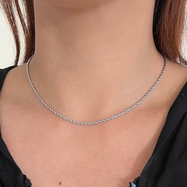 Dainty Rope Chain CHOKER / Stainless Steel Jewelry / Silver Twisted Rope / Thin Silver Necklace / Waterproof / Hypoallergenic/