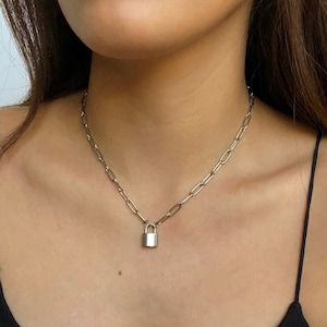 Silver Padlock Necklace, Heart padlock, Stainless Steel, Thin Oval Link Chain, Non Tarnish, Hypoallergenic, Padlock chain, Waterproof