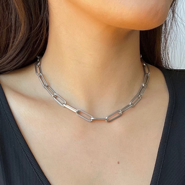 Chunky Silver Link Choker Necklace / Stainless Steel / Oval Link / Paper Clip Chain / Chunky Silver Necklace / Non Tarnish / Hypoallergenic