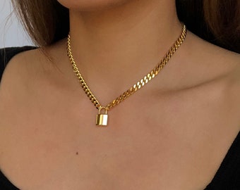 PadLock Chain Necklace / 18K Gold Plated Choker / Gold Lock Necklaces / Curb Chain / Gold Layered Chains / Gold Lock CharmAdjustable