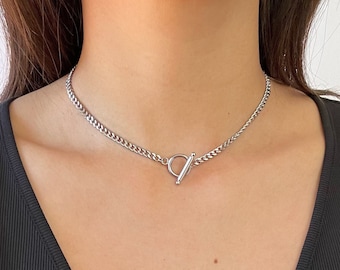 Silver Circle Bar Choker/ Stainless Steel / Toggle Necklace Curb Chain / Thin Silver Necklace / Waterproof/ Style/Y2K / Unisex Jewelry