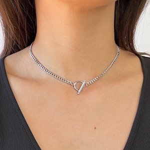 Silver Circle Bar Choker/ Stainless Steel / Toggle Necklace Curb Chain / Thin Silver Necklace / Waterproof/ Style/Y2K / Unisex Jewelry