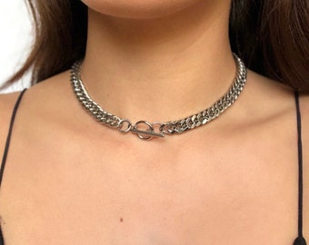 Curb Chain Necklace, Silver Link Choker, Stainless Steel, Toggle Closure, Curb Chain Choker, Silver Necklace, Waterproof, Hypoallergenic