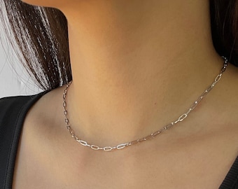 Dainty Silver Paperclip Chain Necklace, Stainless Steel, Thin Oval Link Chain, Minimalist Silver Jewelry for Women and  Men, Silver Choker