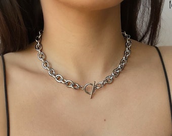 Chunky Cable Link Necklace / Stainless Steel / Silver Toggle Choker / Cable Link Chain / Thick Silver Oval Link Chain / Thick Cable Link