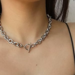 Chunky Cable Link Necklace / Stainless Steel / Silver Toggle Choker / Cable Link Chain / Thick Silver Oval Link Chain / Thick Cable Link
