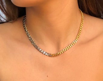 Mixed Metals Necklace / Stainless Steel / 18K Gold Plated /  Curb Chain / Silver and Gold Curb Chain Necklace /  Spring Gifts