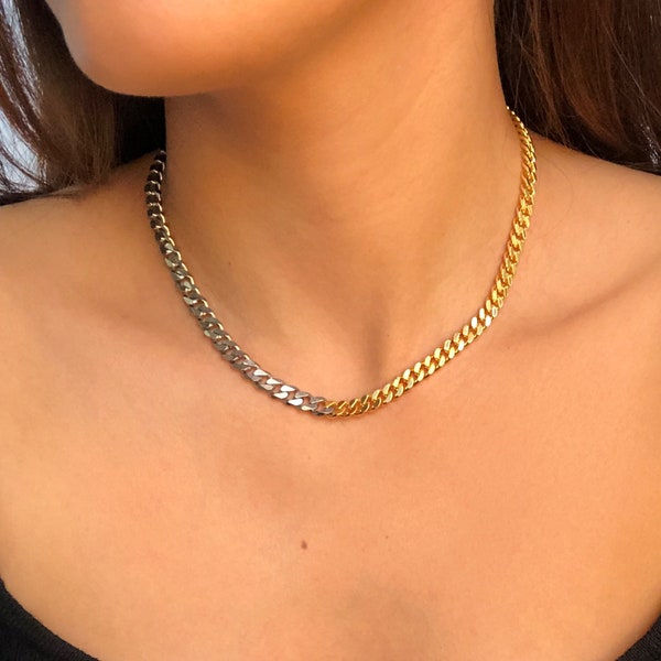 Mixed Metals Necklace / Stainless Steel / 18K Gold Plated /  Curb Chain / Silver and Gold Curb Chain Necklace /  Spring Gifts
