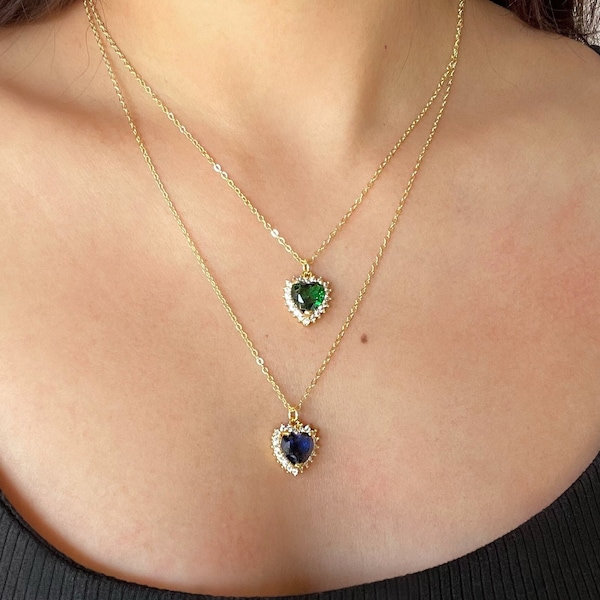 Diamond Heart Necklace, Emerald Heart Necklace, Heart Charm Necklace,  Sapphire Heart Necklace, Gold Necklace, Valentine's Day Gift