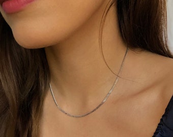 Dainty Silver Necklace, Stainless Steel, 2mm Curb Chain, Thin Silver Choker, Non Tarnish, Minimalist, Woman Men Unisex, Waterproof