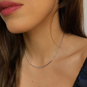 Dainty Silver Necklace, Stainless Steel, 2mm Curb Chain, Thin Silver Choker, Non Tarnish, Minimalist, Woman Men Unisex, Waterproof