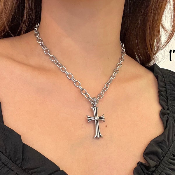 Chunky Silver Cross Necklace / Stainless Steel Cable Link /Silver Chokers /Punk Grunge/ Y2K Jewelry/ Non Tarnish /Waterproof/ Unisex Jewelry
