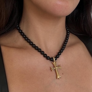 Black Agate Necklace - Black Beaded Necklace - Black Cross Necklace - Gemstone Beaded Necklace - Black Jewelry - Gothic Halloween