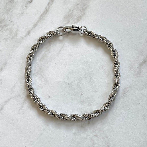 Bracelet chaîne corde en argent/ Acier inoxydable/ 4 mm/ Bracelet fin en argent/ Bijoux unisexe/ Bracelets cadeaux pour femme homme/ Bijoux en argent basiques
