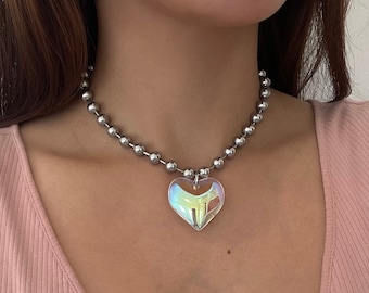 Ball Chain Necklace / Chunky Heart/ Stainless Steel Chain/ Silver Ball and Chain Choker / Chunky Silver Choker/ Grunge / Valentines Day Gift