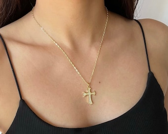 Gothic Gold Cross Necklace, Men, Women, Dainty Gold, Royal Diamond Cross Necklace, Dainty Chain, Gold Necklace with Cross, Biker Cross