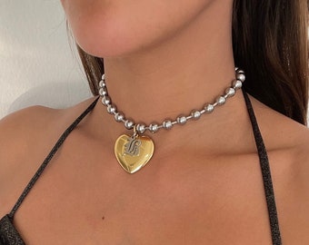 Ball Chain Heart Letter Necklace / Stainless Steel/ Big Heart/ Silver Ball and Chain Choker / Chunky Ball Chain/ Grunge/ Valentines Day Gift