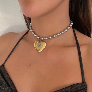 Ball Chain Heart Letter Necklace / Stainless Steel/ Big Heart/ Silver Ball and Chain Choker / Chunky Ball Chain/ Grunge/ Valentines Day Gift