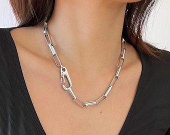 Chunky Silver Link Choker Necklace / Stainless Steel SNAP HOOK/ Oval Link / Paper Clip Chain / Chunky Silver Necklace / Non Tarnish