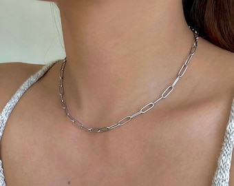 Thin Silver Paperclip Chain Necklace/ Stainless Steel/ Oval Link Chain/ Minimalist Silver Jewelry Women and  Men/ Waterproof/ Anti tarnish