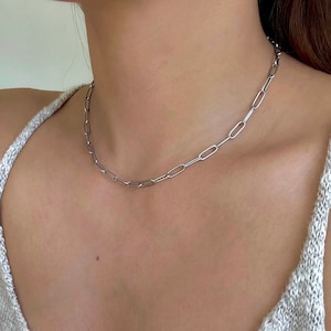 Thin Silver Paperclip Chain Necklace Stainless Steel Oval Link