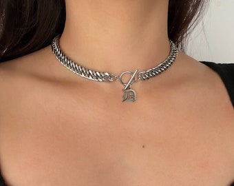 Letter Charm Necklace, Silver Chunky Chain Choker, Stainless Steel, Curb Chain Choker, Customizable, Non Tarnish, Personalized Gift, Letter