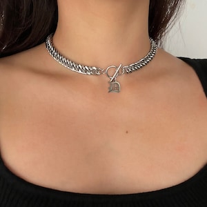 Letter Charm Necklace, Silver Chunky Chain Choker, Stainless Steel, Curb Chain Choker, Customizable, Non Tarnish, Personalized Gift, Letter