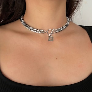Letter Charm Necklace, Silver Chunky Chain Choker, Stainless Steel, Curb Chain Choker, Waterproof chain, Non Tarnish, Personalized Gift