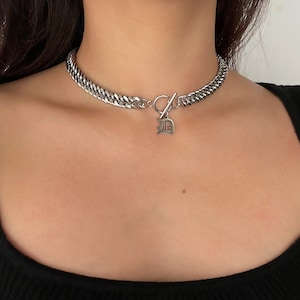 Buchstabe Charm Halskette, Silber klobige Kette Halsband, Edelstahl, Panzerkette Halsband, anpassbar, nicht trüben, personalisiertes Geschenk, Buchstabe