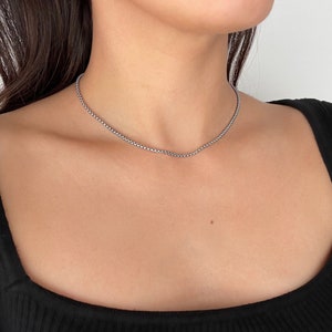 Rounded Box Chain Necklace, Stainless Steel, Waterproof Chain Necklace, Thin Silver Choker, Non Tarnish, Simple Chain Choker, Summer