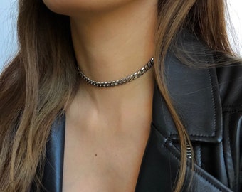 Curb Chain Choker, Silver Link Necklace, Stainless Steel, Silver Necklace, Silver Chain Necklace for Men and Woman, Waterproof, Christmas