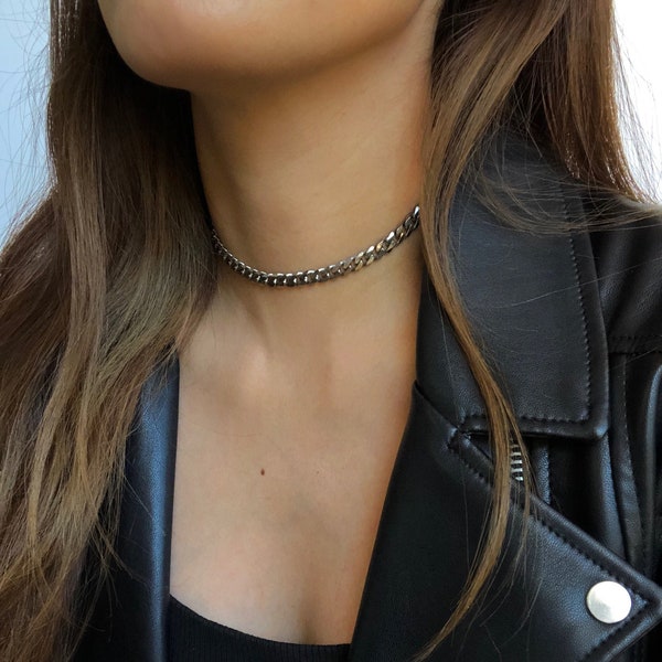 Curb Chain Choker, Silver Link Necklace, Stainless Steel, Silver Necklace, Silver Chain Necklace for Men and Woman, Waterproof, Christmas