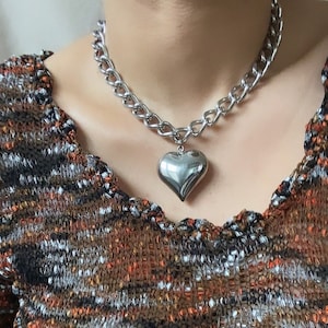 LOLA: Chunky Curb Chain Heart Necklace / Stainless Steel / Grunge Goth / Waterproof/ Unisex/ Thick Silver Heart/ Large Silver Heart Charm