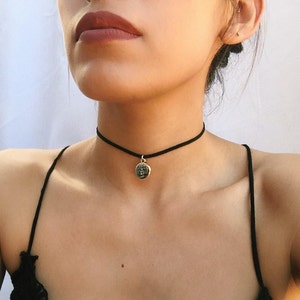 Thin black chokers/black choker with silver pendant/dainty black chokers/Tree of Life Choker/delicate black choker/black leather choker image 1