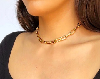 Rectangle Chain Link Chain Choker Thick Gold Choker Cable Chain Necklace Chunky Choker Gold Drawn Flat Cable Layer Gold Chain Choker