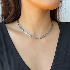 Chunky Silver Link Choker Necklace | Stainless Steel | Oval Link | Paper Clip Chain | Chunky Silver Necklace | Non Tarnish | Hypoallergenic