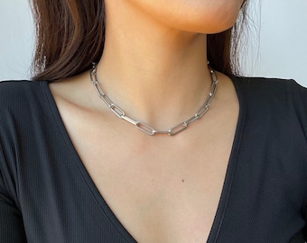 Chunky Silver Link Choker Necklace | Stainless Steel | Oval Link | Paper Clip Chain | Chunky Silver Necklace | Non Tarnish | Hypoallergenic
