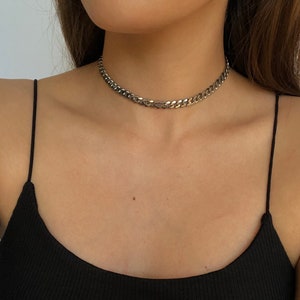 Curb Chain Choker, Silver Link Necklace, Stainless Steel, Silver Necklace, Silver Chain Necklace for Men and Woman, Waterproof, Christmas image 2