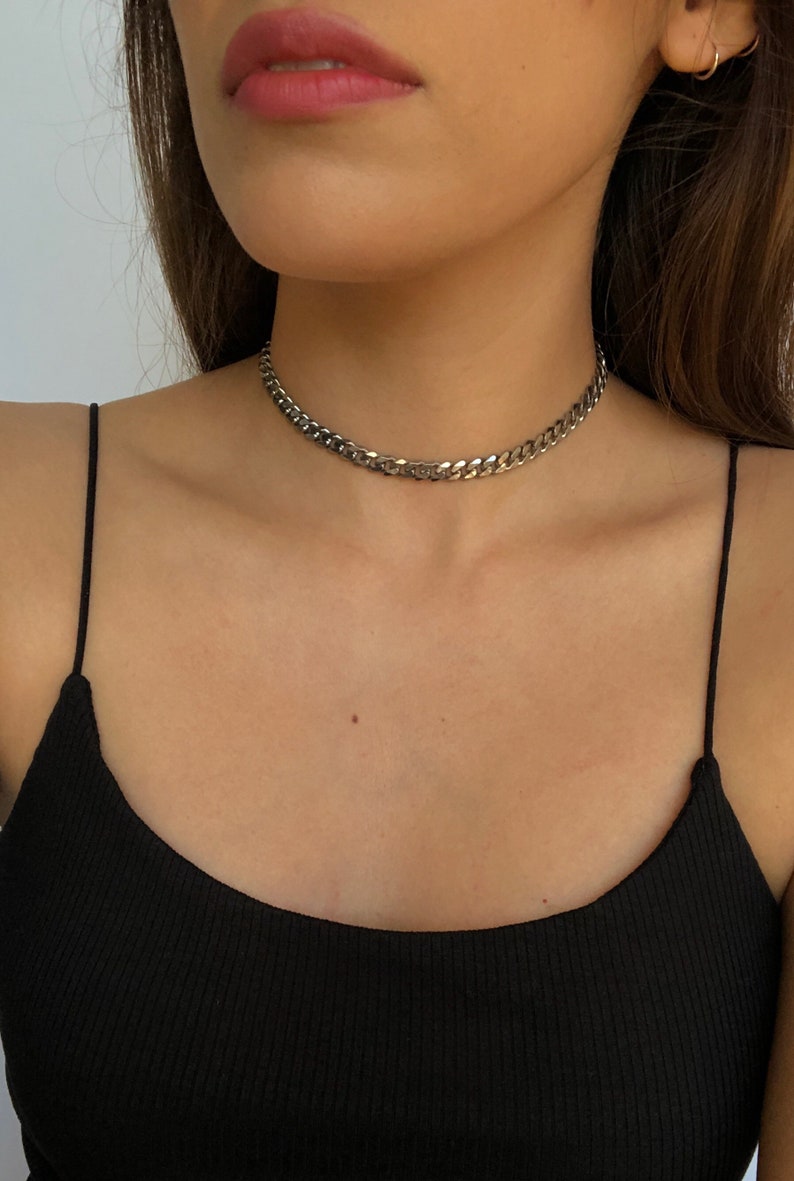 Curb Chain Choker, Silver Link Necklace, Stainless Steel, Silver Necklace, Silver Chain Necklace for Men and Woman, Waterproof, Christmas image 2