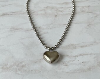 ★VINTAGE HOLLYWOOD★ Petit Heart Ball Chain Necklace_VH2313 Bubble Heart Ball Chain Necklace, Stainless Steel, Silver