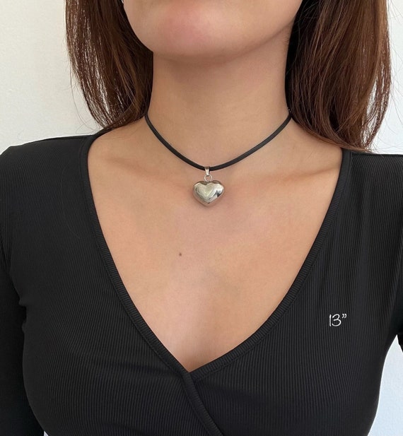 black choker necklace with silver heart pendant by jkfangirl on