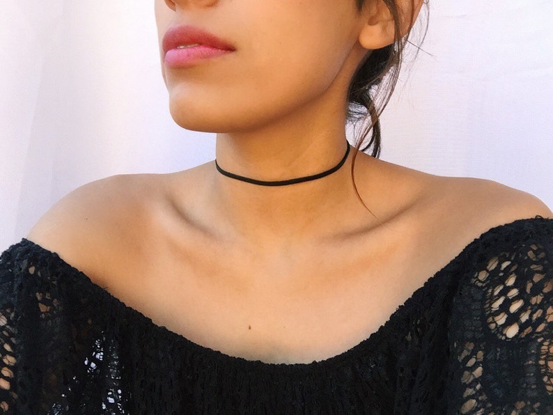 Black Leather Choker, Gothic Thin Black Chokers, STAINLESS STEEL, Leather Ribbon Choker, Dainty Black Choker, Thin Black Chokers Women's image 3