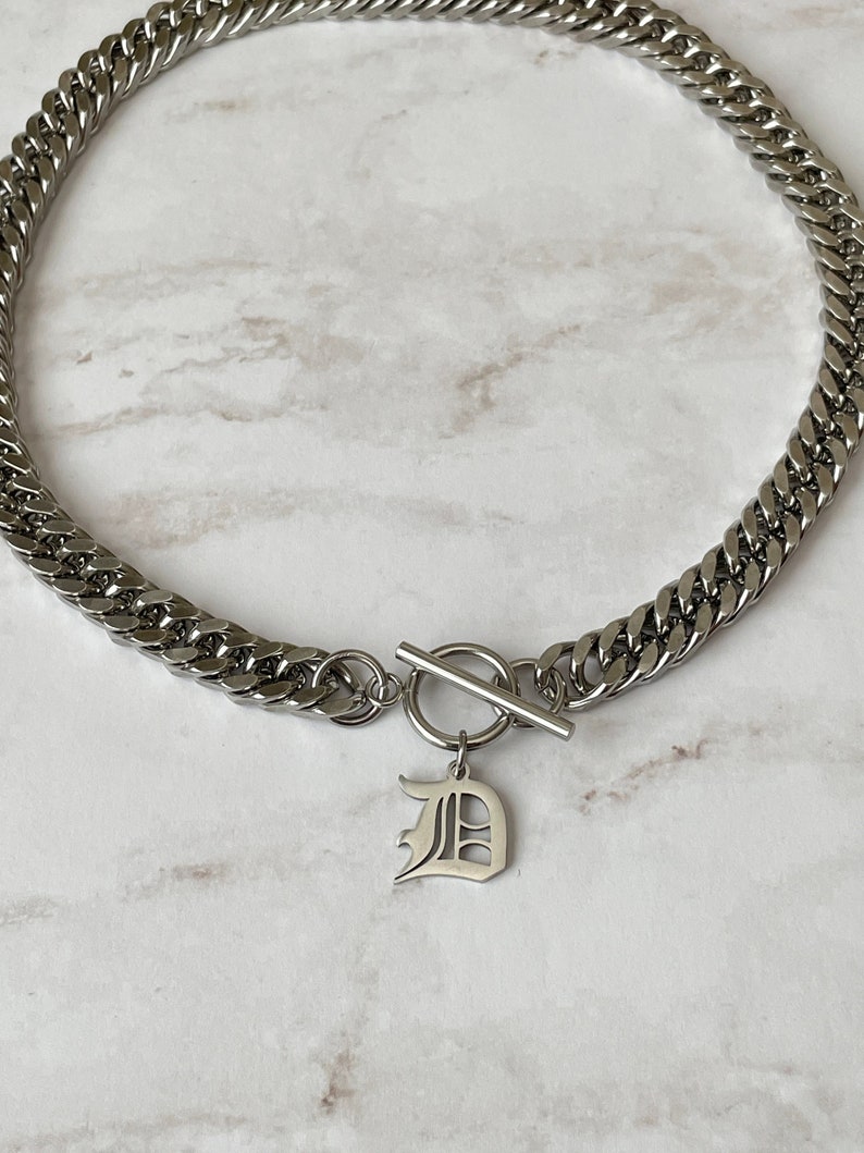 Letter Charm Necklace, Silver Chunky Chain Choker, Stainless Steel, Curb Chain Choker, Customizable, Non Tarnish, Personalized Gift, Letter image 2